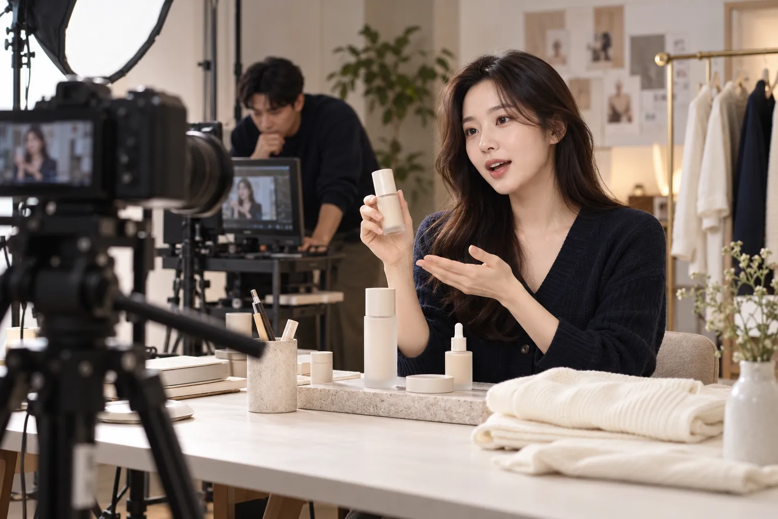 Illustrative scene of a creator and production team filming a product presentation