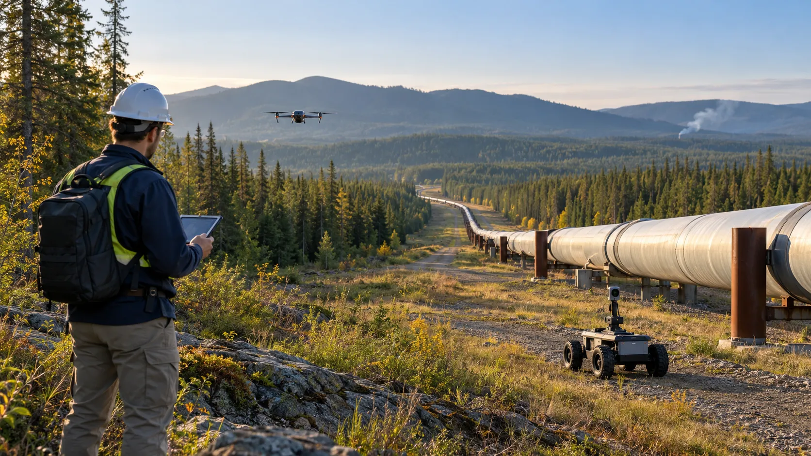 Concept of drone and remote-equipment inspection across forest and industrial sites with operator review