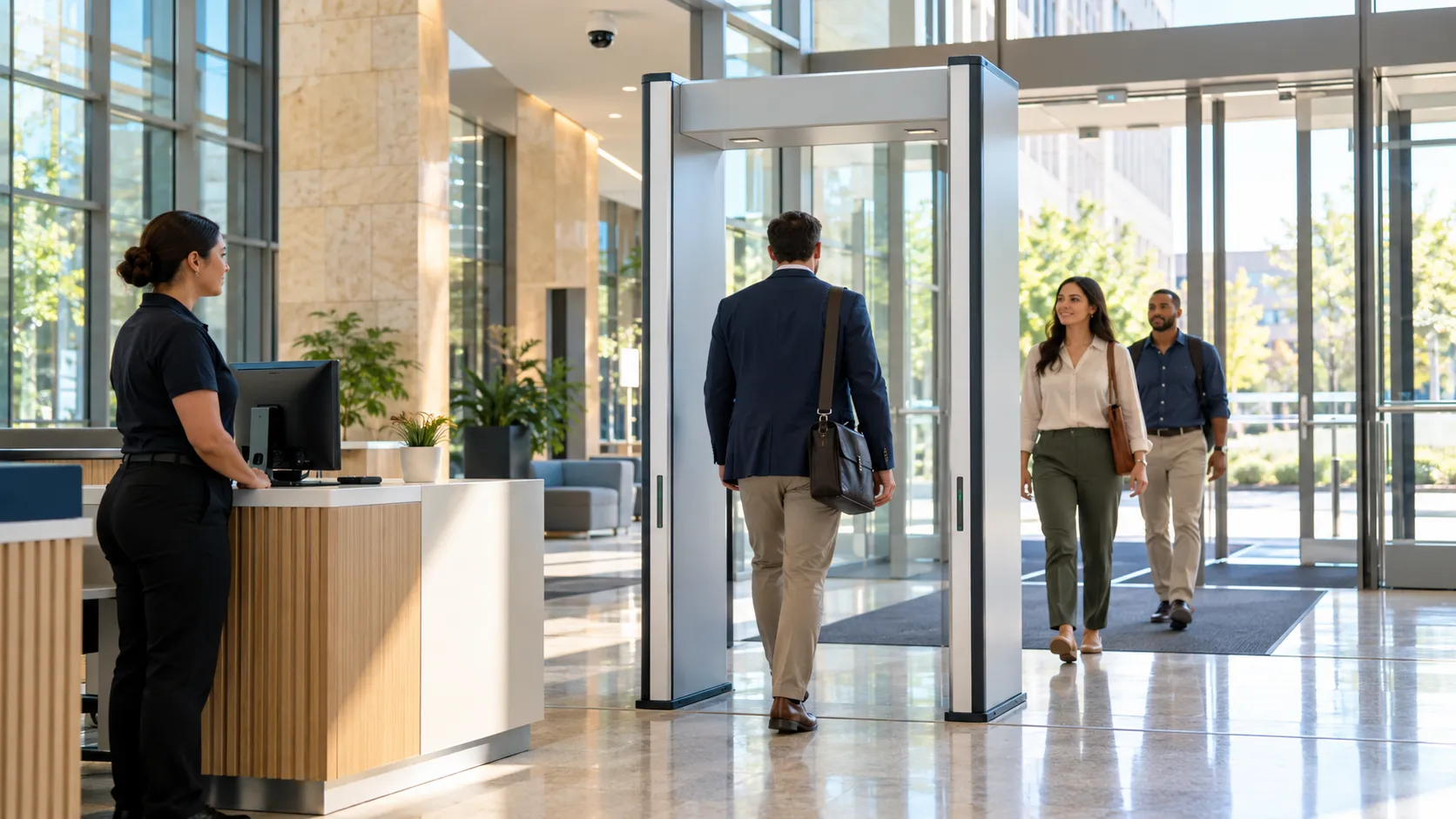 Application concept of security equipment and staff managing a public-building entrance